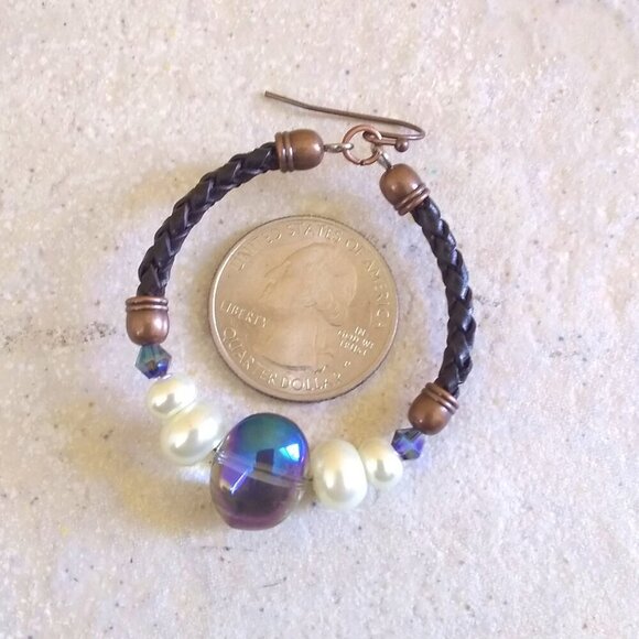 Boho Leather Hoop Earrings with Crystals & Pearls | Handmade Rustic Chic Jewelry - Picture 8 of 12